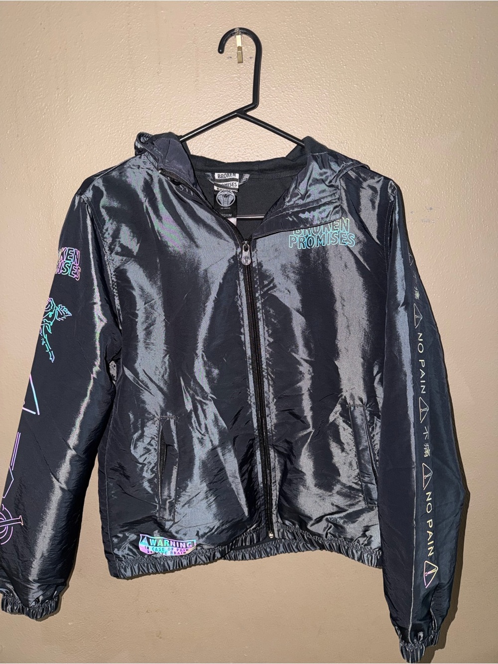 RARE Broken Promises "No Pain" Iridescent Reflective Windbreaker Jacket - Size M